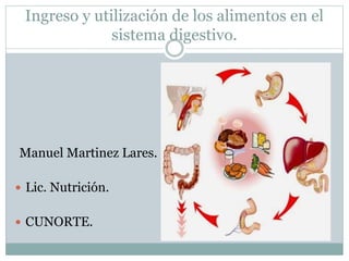 Ingreso y utilización de los alimentos en el
sistema digestivo.
Manuel Martinez Lares.
 Lic. Nutrición.
 CUNORTE.
 