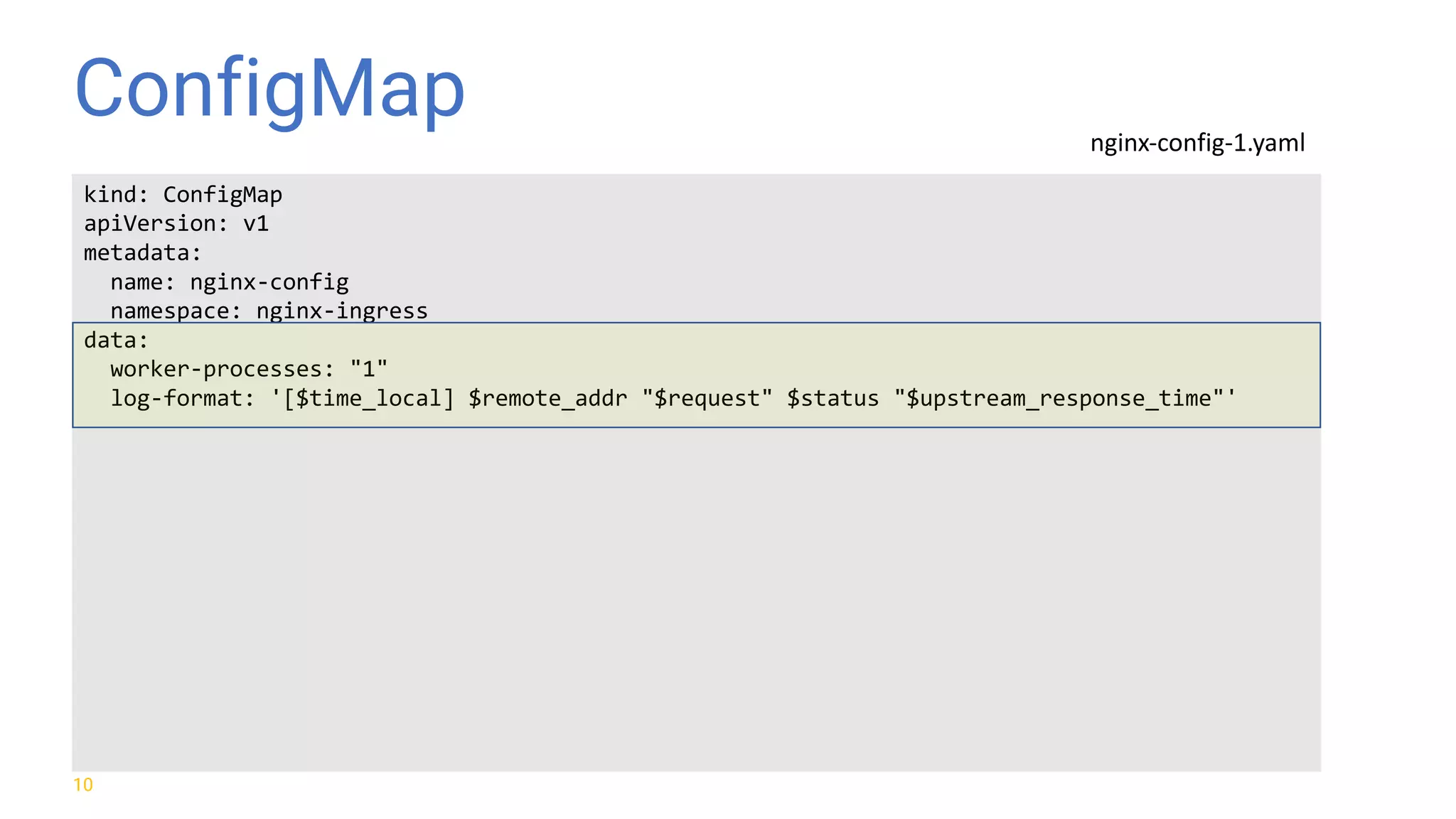 ConfigMap 10 kind: ConfigMap apiVersion: v1 metadata: name: nginx-config namespace: nginx-ingress data: worker-processes: "1" log-format: '[$time_local] $remote_addr "$request" $status "$upstream_response_time"' nginx-config-1.yaml 