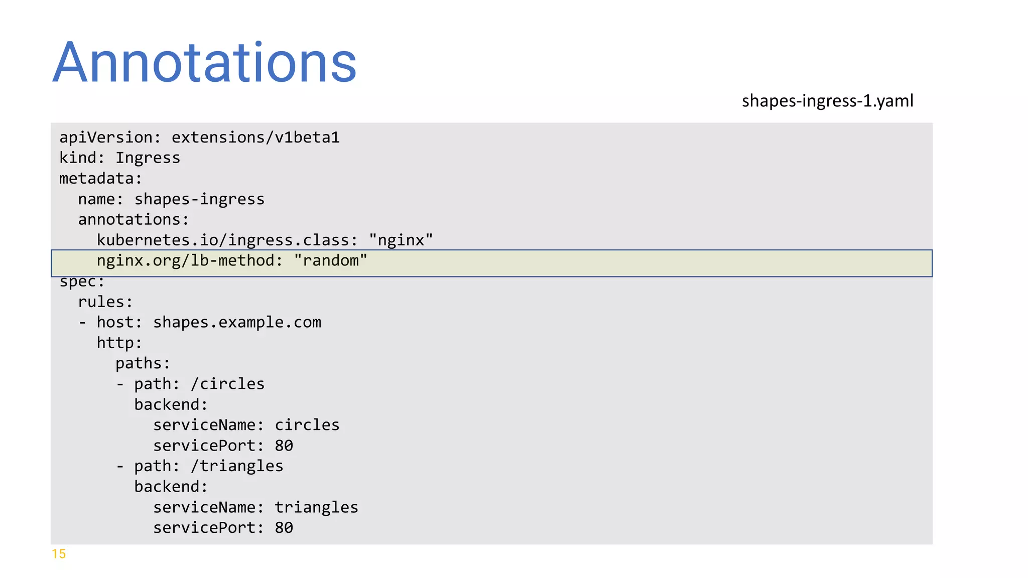 Annotations 15 apiVersion: extensions/v1beta1 kind: Ingress metadata: name: shapes-ingress annotations: kubernetes.io/ingress.class: "nginx" nginx.org/lb-method: "random" spec: rules: - host: shapes.example.com http: paths: - path: /circles backend: serviceName: circles servicePort: 80 - path: /triangles backend: serviceName: triangles servicePort: 80 shapes-ingress-1.yaml 