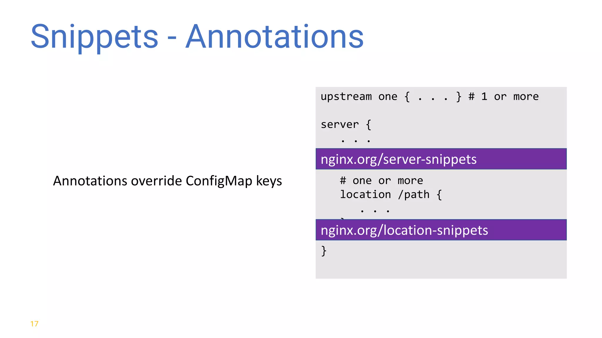Snippets - Annotations 17 upstream one { . . . } # 1 or more server { . . . # one or more location /path { . . . } } nginx.org/server-snippets nginx.org/location-snippets Annotations	override	ConfigMap keys 