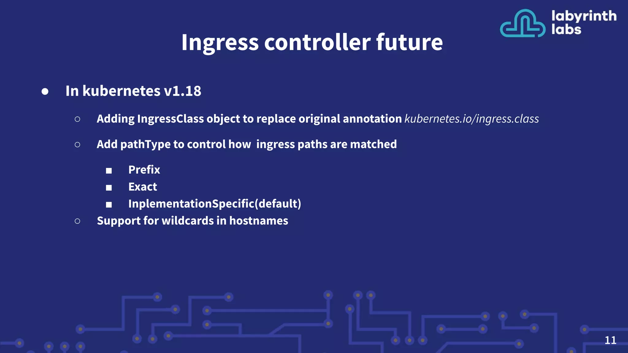 Ingress controller future
● In kubernetes v1.18
○ Adding IngressClass object to replace original annotation kubernetes.io/ingress.class
○ Add pathType to control how ingress paths are matched
■ Prefix
■ Exact
■ InplementationSpecific(default)
○ Support for wildcards in hostnames
11
 