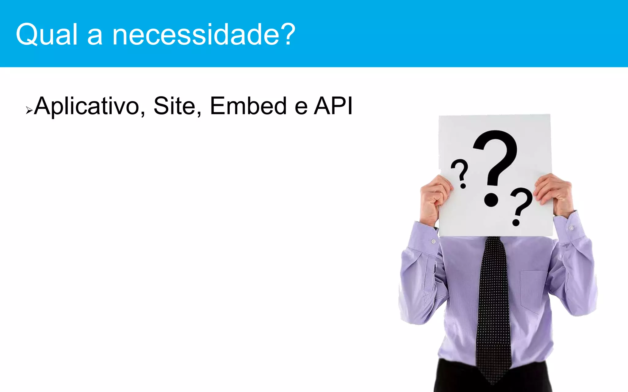 Aplicativo, Site, Embed e API
Qual a necessidade?
 
