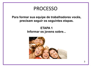 PROCESSO
Para formar sua equipe de trabalhadores vocês,
     precisam seguir os seguintes etapas.

                   ETAPA 1
          Informar os jovens sobre...




                                                 3
 