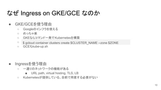 なぜ Ingress on GKE/GCE なのか
● GKE/GCEを使う理由
○ Googleのインフラを使える
○ めっちゃ楽
○ GKEならコマンド一発でKubernetesを構築
○ コマンド
○ GCEもkube-up.sh
● Ingressを使う理由
○ 一通りのネットワークの機能がある
■ URL path, virtual hosting, TLS, LB
○ Kubernetesが提供している。自前で用意する必要がない
10
$ gcloud container clusters create $CLUSTER_NAME --zone $ZONE
 