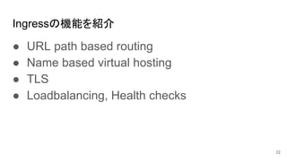 Ingressの機能を紹介
● URL path based routing
● Name based virtual hosting
● TLS
● Loadbalancing, Health checks
22
 
