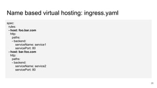 Name based virtual hosting: ingress.yaml
spec:
rules:
- host: foo.bar.com
http:
paths:
- backend:
serviceName: service1
servicePort: 80
- host: bar.foo.com
http:
paths:
- backend:
serviceName: service2
servicePort: 80
26
 