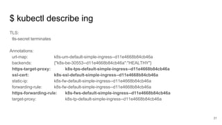 $ kubectl describe ing
TLS:
tls-secret terminates
Annotations:
url-map: k8s-um-default-simple-ingress--d11e4668b84cb46a
backends: {"k8s-be-30553--d11e4668b84cb46a":"HEALTHY"}
https-target-proxy: k8s-tps-default-simple-ingress--d11e4668b84cb46a
ssl-cert: k8s-ssl-default-simple-ingress--d11e4668b84cb46a
static-ip: k8s-fw-default-simple-ingress--d11e4668b84cb46a
forwarding-rule: k8s-fw-default-simple-ingress--d11e4668b84cb46a
https-forwarding-rule: k8s-fws-default-simple-ingress--d11e4668b84cb46a
target-proxy: k8s-tp-default-simple-ingress--d11e4668b84cb46a
31
 
