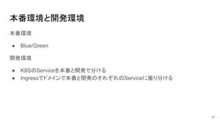 本番環境と開発環境
本番環境
● Blue/Green
開発環境
● K8SのServiceを本番と開発で分ける
● Ingressでドメインで本番と開発のそれぞれのServiceに振り分ける
47
 
