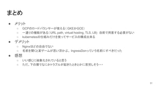 まとめ
● メリット
○ GCPのロードバランサーが使える（ GKEかGCE）
○ 一通りの機能がある（ URL path, virtual hosting, TLS, LB)　自前で用意する必要がない
○ kubernetesの仕組みだけを使ってサービスの構成出来る
● デメリット
○ Nginxほどの自由でない
○ 名前を聞くと某ゲームが思い浮かぶ。 IngressDonっていう名前にすべきだった
● 感想
○ いい感じに抽象化されていると思う
○ ただ、下の層でなにかトラブルが起きたときとかに苦労しそう・・・
51
 