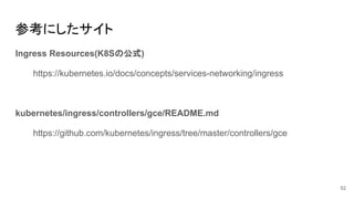 参考にしたサイト
Ingress Resources(K8Sの公式)
https://kubernetes.io/docs/concepts/services-networking/ingress
kubernetes/ingress/controllers/gce/README.md
https://github.com/kubernetes/ingress/tree/master/controllers/gce
52
 