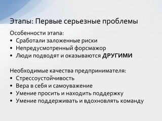 Особенности этапа:
• Сработали заложенные риски
• Непредусмотренный форсмажор
• Люди подводят и оказываются ДРУГИМИ
Необходимые качества предпринимателя:
• Стрессоустойчивость
• Вера в себя и самоуважение
• Умение просить и находить поддержку
• Умение поддерживать и вдохновлять команду
Этапы: Первые серьезные проблемы
 