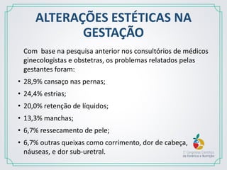 ALTERAÇÕES ESTÉTICAS NA
GESTAÇÃO
Com base na pesquisa anterior nos consultórios de médicos
ginecologistas e obstetras, os problemas relatados pelas
gestantes foram:
• 28,9% cansaço nas pernas;
• 24,4% estrias;
• 20,0% retenção de líquidos;
• 13,3% manchas;
• 6,7% ressecamento de pele;
• 6,7% outras queixas como corrimento, dor de cabeça,
náuseas, e dor sub-uretral.
 