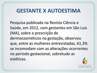 GESTANTE X AUTOESTIMA
Pesquisa publicada na Revista Ciência e
Saúde, em 2012, com gestantes em São Luís
(MA), sobre a prescrição de
dermocosméticos na gestação, observou
que, entre as mulheres entrevistadas, 61,3%
se incomodam com as alterações ocorrentes
no período gestacional, sobretudo as
estéticas.
 