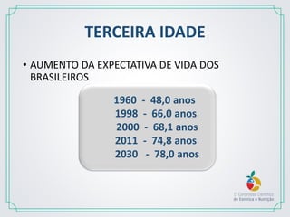 TERCEIRA IDADE
• AUMENTO DA EXPECTATIVA DE VIDA DOS
BRASILEIROS
1960 - 48,0 anos
1998 - 66,0 anos
2000 - 68,1 anos
2011 - 74,8 anos
2030 - 78,0 anos
 