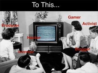 To This...
                          Gamer

Producer                          Activist


           Hacker

                            Blogger
       Inventor
 