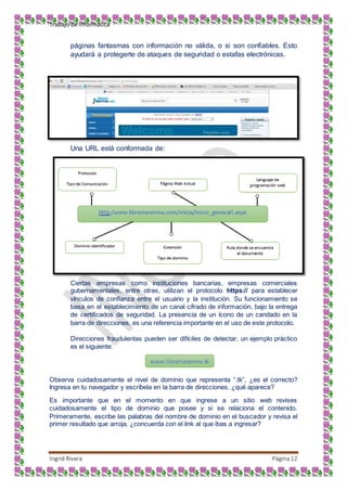 Trabajo de Informática
Ingrid Rivera Página12
páginas fantasmas con información no válida, o si son confiables. Esto
ayudará a protegerte de ataques de seguridad o estafas electrónicas.
Una URL está conformada de:
Ciertas empresas como instituciones bancarias, empresas comerciales
gubernamentales, entre otras, utilizan el protocolo https:// para establecer
vínculos de confianza entre el usuario y la institución. Su funcionamiento se
basa en el establecimiento de un canal cifrado de información, bajo la entrega
de certificados de seguridad. La presencia de un ícono de un candado en la
barra de direcciones, es una referencia importante en el uso de este protocolo.
Direcciones fraudulentas pueden ser difíciles de detectar, un ejemplo práctico
es el siguiente:
Observa cuidadosamente el nivel de dominio que representa “.tk”, ¿es el correcto?
Ingresa en tu navegador y escríbela en la barra de direcciones, ¿qué aparece?
Es importante que en el momento en que ingrese a un sitio web revises
cuidadosamente el tipo de dominio que posee y si se relaciona el contenido.
Primeramente, escribe las palabras del nombre de dominio en el buscador y revisa el
primer resultado que arroja, ¿concuerda con el link al que ibas a ingresar?
www.librerianorma.tk
 