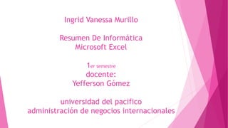 Ingrid Vanessa Murillo
Resumen De Informática
Microsoft Excel
1er semestre
docente:
Yefferson Gómez
universidad del pacifico
administración de negocios internacionales
 