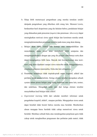 digilib.uinsby.ac.id digilib.uinsby.ac.id digilib.uinsby.ac.id digilib.uinsby.ac.id digilib.uinsby.ac.id digilib.uinsby.ac.id digilib.uinsby.ac.id
30
b. Sikap lebih memercayai pengetahuan yang mereka temukan sendiri
daripada pengetahuan yang diberikan oleh orang lain. Menurut Lewin,
berdasarkan hasil eksperimen yang dia lakukan bahwa, pendekatan belajar
yang didasarkan pada pencarian (inquire) dan penemuan (discovery) dapat
meningkatkan motivasi siswa untuk belajar dan komitmen mereka untuk
mengimplementasikan penemuan tersebut pada masa yang akan datang.
c. Belajar akan lebih efektif bila konsep atau mempraktikkan dan
mencobanya, maka siswa akan memahami lebih sempurna dan
mengintegrasikannya dengan apa yang dia pelajari sebelumnya serta akan
dapat mengingatnya lebih lama. Banyak dari konsep-konsep atau teori-
teori yang akan dipahami sampai siswa mencoba untuk menggunakannya,
misalanya pelajaran matematika, fisika dan lain sebagainya.
d. Perubahan hendaknya tidak terpisah-pisah antara kognitif, afektif dan
perilaku, tetapi secara holistic. Ketiga elemen tersebut merupakan sebuah
system dalam proses belajar yang saling berkaitan satu sama lain, teratur,
dan sederhana. Mengubah salah satu dari ketiga elemen tersebut
menyebabkan hasil belajar tidak efektif.
e. Experiential learning lebih dari sekedar memberi informasi untuk
pengubahan koqnitif, afektif , maupun perilaku. Mengajarkan siswa untuk
dapat berubah tidak berarti bahwa mereka mau berubah. Memberikan
alasan mengapa harus berubah tidak cukup memotivasi siswa untuk
berubah. Membaca sebuah buku atau mendengarkan penjelasan guru tidak
cukup untuk menghasilkan penguasaan dan perhatian pada materi, tidak
 