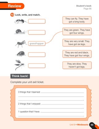 45
Unit 6 • Minibeasts
Think back!
Complete your unit exit ticket.
3 things that I learned:
.
2 things that I enjoyed:
.
1 question that I have:
.
Review Student's book
Page 86
10 Look, write, and match.
They can fly. They have
got a long body.
They are green. They have
got four wings.
They are very small. They
have got six legs.
They are red and black.
They have got four wings.
They are slow. They
haven’t got legs.
grasshopper
 