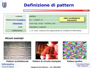 Definizione di pattern


                                                                    [dal vocabolario
                                                                     [dal vocabolario
                                                                       Garzanti]
                                                                        Garzanti]




Alcuni esempi:




Pattern architetturale     Pattern di circuito stampato                Pattern grafico


                         Ingegneria del Software - A.A. 2003/2004
 