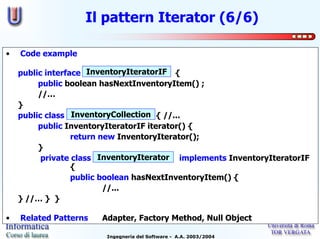 Il pattern Iterator (6/6)

•   Code example

                      InventoryIteratorIF
    public interface InventoryIteratorIF {
         public boolean hasNextInventoryItem() ;
         //…
    }
                  InventoryCollection
    public class InventoryCollection { //...
         public InventoryIteratorIF iterator() {
                  return new InventoryIterator();
         }
                         InventoryIterator implements InventoryIteratorIF
          private class InventoryIterator
                  {
                  public boolean hasNextInventoryItem() {
                          //...
    } //… } }

•   Related Patterns   Adapter, Factory Method, Null Object

                         Ingegneria del Software - A.A. 2003/2004
 