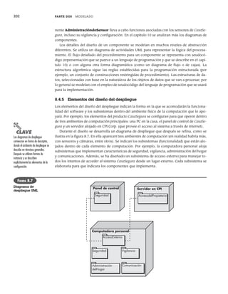 202 PARTE DOS MODELADO
nente AdministracióndeSensor lleva a cabo funciones asociadas con los sensores de CasaSe-
gura, incluso su vigilancia y configuración. En el capítulo 10 se analizan más los diagramas de
componentes.
Los detalles del diseño de un componente se modelan en muchos niveles de abstracción
diferentes. Se utiliza un diagrama de actividades UML para representar la lógica del procesa-
miento. El flujo detallado del procedimiento para un componente se representa con seudocó-
digo (representación que se parece a un lenguaje de programación y que se describe en el capí-
tulo 10) o con alguna otra forma diagramática (como un diagrama de flujo o de cajas). La
estructura algorítmica sigue las reglas establecidas para la programación estructurada (por
ejemplo, un conjunto de construcciones restringidas de procedimiento). Las estructuras de da-
tos, seleccionadas con base en la naturaleza de los objetos de datos que se van a procesar, por
lo general se modelan con el empleo de seudocódigo del lenguaje de programación que se usará
para la implementación.
8.4.5 Elementos del diseño del despliegue
Los elementos del diseño del despliegue indican la forma en la que se acomodarán la funciona-
lidad del software y los subsistemas dentro del ambiente físico de la computación que lo apo-
yará. Por ejemplo, los elementos del producto CasaSegura se configuran para que operen dentro
de tres ambientes de computación principales: una PC en la casa, el panel de control de CasaSe-
gura y un servidor alojado en CPI Corp. (que provee el acceso al sistema a través de internet).
Durante el diseño se desarrolla un diagrama de despliegue que después se refina, como se
ilustra en la figura 8.7. En ella aparecen tres ambientes de computación (en realidad habría más,
con sensores y cámaras, entre otros). Se indican los subsistemas (funcionalidad) que están alo-
jados dentro de cada elemento de computación. Por ejemplo, la computadora personal aloja
subsistemas que implementan características de seguridad, vigilancia, administración del hogar
y comunicaciones. Además, se ha diseñado un subsistema de acceso externo para manejar to-
dos los intentos de acceder al sistema CasaSegura desde un lugar externo. Cada subsistema se
elaboraría para que indicara los componentes que implementa.
PUNTO
CLAVE
Los diagramas de despliegue
comienzan en forma de descriptor,
donde el ambiente de despliegue se
describe en términos generales.
Después se utilizan formas de
instancia y se describen
explícitamente los elementos de la
configuración.
Servidor en CPI
Panel de control
Computadora personal
Seguridad
Administración
delHogar
Vigilancia
Comunicación
Seguridad AccesodelPropietario
AccesoExterno
FIGURA 8.7
Diagrama de
despliegue UML
08Pressman(183-205).indd 202
08Pressman(183-205).indd 202 14/1/10 14:31:12
14/1/10 14:31:12
 