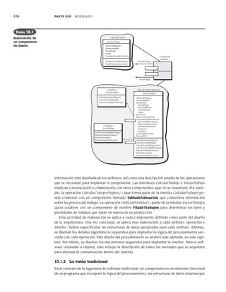 236 PARTE DOS MODELADO
información más detallada de los atributos, así como una descripción amplia de las operaciones
que se necesitan para implantar el componente. Las interfaces CalcularTrabajo e IniciarTrabajo
implican comunicación y colaboración con otros componentes (que no se muestran). Por ejem-
plo, la operación CalcularCostoporPágina ( ) (que forma parte de la interfaz CalcularTrabajo) po-
dría colaborar con un componente llamado TabladeValuación que contuviera información
sobre los precios del trabajo. La operación VerificarPrioridad ( ) (parte de la interfaz IniciarTrabajo)
quizá colabore con un componente de nombre FiladeTrabajos para determinar los tipos y
prioridades de trabajos que están en espera de su producción.
Esta actividad de elaboración se aplica a cada componente definido como parte del diseño
de la arquitectura. Una vez concluida, se aplica más elaboración a cada atributo, operación e
interfaz. Deben especificarse las estructuras de datos apropiadas para cada atributo. Además,
se diseñan los detalles algorítmicos requeridos para implantar la lógica del procesamiento aso-
ciada con cada operación. Este diseño del procedimiento se analiza más adelante, en este capí-
tulo. Por último, se diseñan los mecanismos requeridos para implantar la interfaz. Para el soft-
ware orientado a objetos, esto incluye la descripción de todos los mensajes que se requieren
para efectuar la comunicación dentro del sistema.
10.1.2 La visión tradicional
En el contexto de la ingeniería de software tradicional, un componente es un elemento funcional
de un programa que incorpora la lógica del procesamiento, las estructuras de datos internas que
ImprimirTrabajo
CalcularTrabajo
IniciarTrabajo
NúmerodePáginas
NúmerodeLados
TipodePapel
PesodelPapel
TamañodelPapel
ColordelPapel
Escala
Ampliación
RequerimientosdeColor
CaracterísticasdeProducción
OpcionesdeRecopilación
OpcionesdeVinculación
InventariodeCubiertas
Extracción
Prioridad
CostoTotaldelTrabajo
NúmeroWO
ImprimirTrabajo
CalcularCostoporPágina( )
CalcularCostodelPapel( )
CalcularCostodeProducción( )
CalcularCostoTotaldelTrabajo( )
ElaborarOrdendeTrabajo( )
VeriﬁcarPrioridad( )
PasarTrabajoaProducción( )
Clase de diseño elaborada
<<interfaz>>
CalcularTrabajo
CalcularCostoporPágina( )
CalcularCostodePapel( )
CalcularCostodeProducción( )
Componente
de diseño
NúmerodePáginas
NúmerodeLados
TipodePapel
Escala
CaracterísticasdeProducción
ImprimirTrabajo
CalcularCostodelTrabajo( )
PasarTrabajoaImpresora( )
Clase de análisis
<<interfaz>>
IniciarTrabajo
CalcularCostoTotaldelTrabajo( )
ElaborarOrdendeTrabajo( )
VeriﬁcarPrioridad( )
PasarTrabajoaProducción( )
FIGURA 10.1
Elaboración de
un componente
de diseño
10Pressman(234-264).indd 236
10Pressman(234-264).indd 236 26/1/10 17:33:17
26/1/10 17:33:17
 