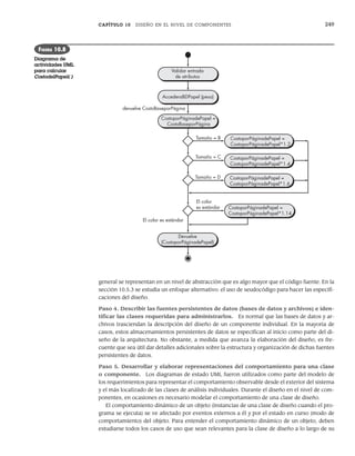 CAPÍTULO 10 DISEÑO EN EL NIVEL DE COMPONENTES 249
general se representan en un nivel de abstracción que es algo mayor que el código fuente. En la
sección 10.5.3 se estudia un enfoque alternativo: el uso de seudocódigo para hacer las especifi-
caciones del diseño.
Paso 4. Describir las fuentes persistentes de datos (bases de datos y archivos) e iden-
tificar las clases requeridas para administrarlos. Es normal que las bases de datos y ar-
chivos trasciendan la descripción del diseño de un componente individual. En la mayoría de
casos, estos almacenamientos persistentes de datos se especifican al inicio como parte del di-
seño de la arquitectura. No obstante, a medida que avanza la elaboración del diseño, es fre-
cuente que sea útil dar detalles adicionales sobre la estructura y organización de dichas fuentes
persistentes de datos.
Paso 5. Desarrollar y elaborar representaciones del comportamiento para una clase
o componente. Los diagramas de estado UML fueron utilizados como parte del modelo de
los requerimientos para representar el comportamiento observable desde el exterior del sistema
y el más localizado de las clases de análisis individuales. Durante el diseño en el nivel de com-
ponentes, en ocasiones es necesario modelar el comportamiento de una clase de diseño.
El comportamiento dinámico de un objeto (instancias de una clase de diseño cuando el pro-
grama se ejecuta) se ve afectado por eventos externos a él y por el estado en curso (modo de
comportamiento) del objeto. Para entender el comportamiento dinámico de un objeto, deben
estudiarse todos los casos de uso que sean relevantes para la clase de diseño a lo largo de su
Validar entrada
de atributos
AccederaBDPapel (peso)
devuelve CostoBaseporPágina
Tamaño = B CostoporPáginadePapel =
CostoporPáginadePapel*1.2
Tamaño = C CostoporPáginadePapel =
CostoporPáginadePapel*1.4
Tamaño = D CostoporPáginadePapel =
CostoporPáginadePapel*1.6
El color
es estándar CostoporPáginadePapel =
CostoporPáginadePapel*1.14
El color es estándar
CostoporPáginadePapel =
CostoBaseporPágina
Devuelve
(CostoporPáginadePapel)
FIGURA 10.8
Diagrama de
actividades UML
para calcular
CostodelPapel( )
10Pressman(234-264).indd 249
10Pressman(234-264).indd 249 26/1/10 17:33:21
26/1/10 17:33:21
 