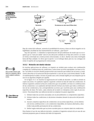 254 PARTE DOS MODELADO
flujo de control del software, aumenta la posibilidad de errores y tiene un efecto negativo en la
legibilidad y facilidad de dar mantenimiento al software. ¿Qué hacer?
Hay dos opciones: 1) rediseñar la representación del procedimiento de modo que no se re-
quiera que la “rama de salida” esté en una ubicación anidada en el flujo del control o 2) violar
en forma controlada las construcciones estructuradas; es decir, diseñar una rama restringida
fuera del flujo anidado. Es obvio que la opción 1 es el enfoque ideal, pero la 2 se consigue sin
violar el espíritu de la programación estructurada.
10.5.2 Notación del diseño tabular
En muchas aplicaciones de software, se requiere un módulo para evaluar una combinación
compleja de combinaciones de condiciones y seleccionar acciones apropiadas con base en és-
tas. Las tablas de decisión [Hur83] proporcionan una notación que traduce las acciones y condi-
ciones (descritas en la narración del procesamiento o caso de uso) a una forma tabular. Es difí-
cil malinterpretar la tabla e incluso se puede usar como entrada legible por una máquina que la
use en un algoritmo dirigido por aquélla.
En la figura 10.11 se muestra la organización de la tabla de decisión. La tabla se divide en
cuatro secciones. El cuadrante superior izquierdo contiene la lista de todas las condiciones. El
inferior izquierdo contiene la lista de condiciones que son posibles con base en combinaciones
de las condiciones. Los cuadrantes del lado derecho forman una matriz que indica combinacio-
nes de las condiciones y las correspondientes acciones que ocurrirán para una combinación
específica de éstas. Por tanto, cada columna de la matriz se interpreta como regla de procesa-
miento. Para desarrollar una tabla de decisión se emplean los pasos siguientes:
1. Enlistar todas las acciones asociadas con un procedimiento (o componente) específico.
2. Enlistar todas las condiciones (o decisiones tomadas) durante la ejecución del procedi-
miento.
3. Asociar conjuntos específicos de condiciones con acciones específicas, con la elimina-
ción de las combinaciones o con condiciones imposibles; de manera alternativa, desa-
rrollar toda posible permutación de las condiciones.
4. Definir reglas indicando qué acciones suceden para un conjunto dado de condiciones.
Para ilustrar el uso de una tabla de decisión, considere el siguiente extracto de un caso de uso
informal propuesto para el sistema del taller de impresión:
Primera
tarea
Siguiente
tarea
Secuencia
Selección
Condición
T
V
Si-entonces-en otro caso (If-then-else)
Repetición
Parte “Si” Parte “Entonces”
Caso
condicional
Parte del caso
T
T
T
V T
T
V
V
V
V
Hacer mientras
(Do while)
Repetir hasta
(Repeat until)
FIGURA 10.10
Construcciones
de los diagramas
de flujo
Úsese una tabla de decisión cuando
dentro de un componente se halle un
conjunto complejo de condiciones y
acciones.
CONSEJO
¿Cómo elaboro una
tabla de decisión?
?
10Pressman(234-264).indd 254
10Pressman(234-264).indd 254 26/1/10 17:33:22
26/1/10 17:33:22
 