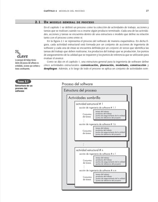 CAPÍTULO 2 MODELOS DEL PROCESO 27
2.1 UN MODELO GENERAL DE PR OCESO
En el capítulo 1 se definió un proceso como la colección de actividades de trabajo, acciones y
tareas que se realizan cuando va a crearse algún producto terminado. Cada una de las activida-
des, acciones y tareas se encuentra dentro de una estructura o modelo que define su relación
tanto con el proceso como entre sí.
En la figura 2.1 se representa el proceso del software de manera esquemática. En dicha fi-
gura, cada actividad estructural está formada por un conjunto de acciones de ingeniería de
software y cada una de éstas se encuentra definida por un conjunto de tareas que identifica las
tareas del trabajo que deben realizarse, los productos del trabajo que se producirán, los puntos
de aseguramiento de la calidad que se requieren y los puntos de referencia que se utilizarán para
evaluar el avance.
Como se dijo en el capítulo 1, una estructura general para la ingeniería de software define
cinco actividades estructurales: comunicación, planeación, modelado, construcción y
despliegue. Además, a lo largo de todo el proceso se aplica un conjunto de actividades som-
PUNTO
CLAVE
La jerarquía del trabajo técnico
dentro del proceso del software es:
actividades, acciones que contiene y
tareas constituyentes.
Estructura del proceso
Actividades sombrilla
actividad estructural # 1
Conjuntos
de tareas
tareas del trabajo
productos del trabajo
puntos de aseguramiento de la calidad
puntos de referencia del proyecto
acción de ingeniería de software # 1.1
Conjuntos
de tareas
tareas del trabajo
productos del trabajo
puntos de aseguramiento de la calidad
puntos de referencia del proyecto
acción de ingeniería de software # 1.k
actividad estructural # n
Conjuntos
de tareas
tareas del trabajo
productos del trabajo
puntos de aseguramiento de la calidad
puntos de referencia del proyecto
acción de ingeniería de software # n.1
Conjuntos
de tareas
tareas del trabajo
productos del trabajo
puntos de aseguramiento de la calidad
puntos de referencia del proyecto
acción de ingeniería de software # n.m
Proceso del software
FIGURA 2.1
Estructura de un
proceso del
software
02Pressman(025-054).indd 27
02Pressman(025-054).indd 27 14/1/10 13:36:45
14/1/10 13:36:45
 