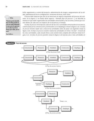 28 PARTE UNO EL PROCESO DEL SOFTWARE
brilla: seguimiento y control del proyecto, administración de riesgos, aseguramiento de la cali-
dad, administración de la configuración, revisiones técnicas, entre otras.
El lector debe observar que aún no se menciona un aspecto importante del proceso del soft-
ware. En la figura 2.2 se ilustra dicho aspecto —llamado flujo del proceso— y se describe la
manera en que están organizadas las actividades estructurales y las acciones y tareas que ocu-
rren dentro de cada una con respecto de la secuencia y el tiempo.
Un flujo de proceso lineal ejecuta cada una de las cinco actividades estructurales en secuencia,
comenzando por la comunicación y terminando con el despliegue (véase la figura 2.2a). Un flujo
de proceso iterativo repite una o más de las actividades antes de pasar a la siguiente (véase la
figura 2.2b). Un flujo de proceso evolutivo realiza las actividades en forma “circular”. A través de
las cinco actividades, cada circuito lleva a una versión más completa del software (véase la fi-
gura 2.2c). Un flujo de proceso paralelo (véase la figura 2.2d) ejecuta una o más actividades en
Cita:
“Pensamos que los desarrolla-
dores de software pierden de
vista una verdad fundamental:
la mayor parte de organizacio-
nes no saben lo que hacen.
Piensan que lo saben, pero no
es así.”
Tom DeMarco
d) Flujo de proceso paralelo
c) Flujo de proceso evolutivo
Comunicación Planeación Modelado
a) Flujo de proceso lineal
Construcción Despliegue
Comunicación Planeación Modelado Construcción Despliegue
Construcción Despliegue
Comunicación Planeación
Modelado Tiempo
b) Flujo de proceso iterativo
Planeación
Modelado
Construcción
Despliegue
Incremento
obtenido
Comunicación
FIGURA 2.2 Flujo del proceso
02Pressman(025-054).indd 28
02Pressman(025-054).indd 28 14/1/10 13:36:45
14/1/10 13:36:45
 