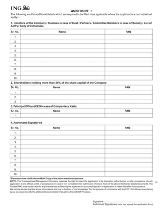 ANNEXURE I
The following are the additional details which are required to be filled in as applicable where the applicant is a non individual
entity:-

1. Directors of the Company / Trustees in case of trust / Partners / Committee Members in case of Society / List of
AOPs / Body of Individuals

Sr. No.                                              Name                                                                      PAN
    1.
    2.
    3.
    4.
    5.
    6.
    7.
    8.
    9.
   10.
2. Shareholders holding more than 25% of the share capital of the Company
Sr. No.                                        Name                                                                           PAN
    1.
    2.
    3.
3. Principal Officer (CEO in case of Companies)/ Karta
Sr. No.                                        Name                                                                           PAN
    1.

4. Authorized Signatories
Sr. No.                                        Name                                                                           PAN
    1.
    2.
    3.
    4.
    5.
    6.
    7.
    8.
    9.
   10.
* Please enclose a Self Attested PAN Copy of the above mentioned persons
NOTE: The Trustees/Asset Management Company reserves the right to reject the application at its discretion (either before or after acceptance of such           74
application at any official points of acceptance) in case of non completion/non submission of one or more of the above mentioned details/documents. The
Trustee/AMC shall not be liable for any financial loss suffered by the applicant on account of rejection of application at a later date after its acceptance.
We hereby declare that the above informations are true to the best of our knowledge. For the purpose of compliance with the FEC / Anti Money Laundering
Laws, we would provide the additional documentation if sought by the AMC/MF/Trustees.



                                                                                           Signature
                                                                                           Authorised Signatories (who has signed the application form)
 