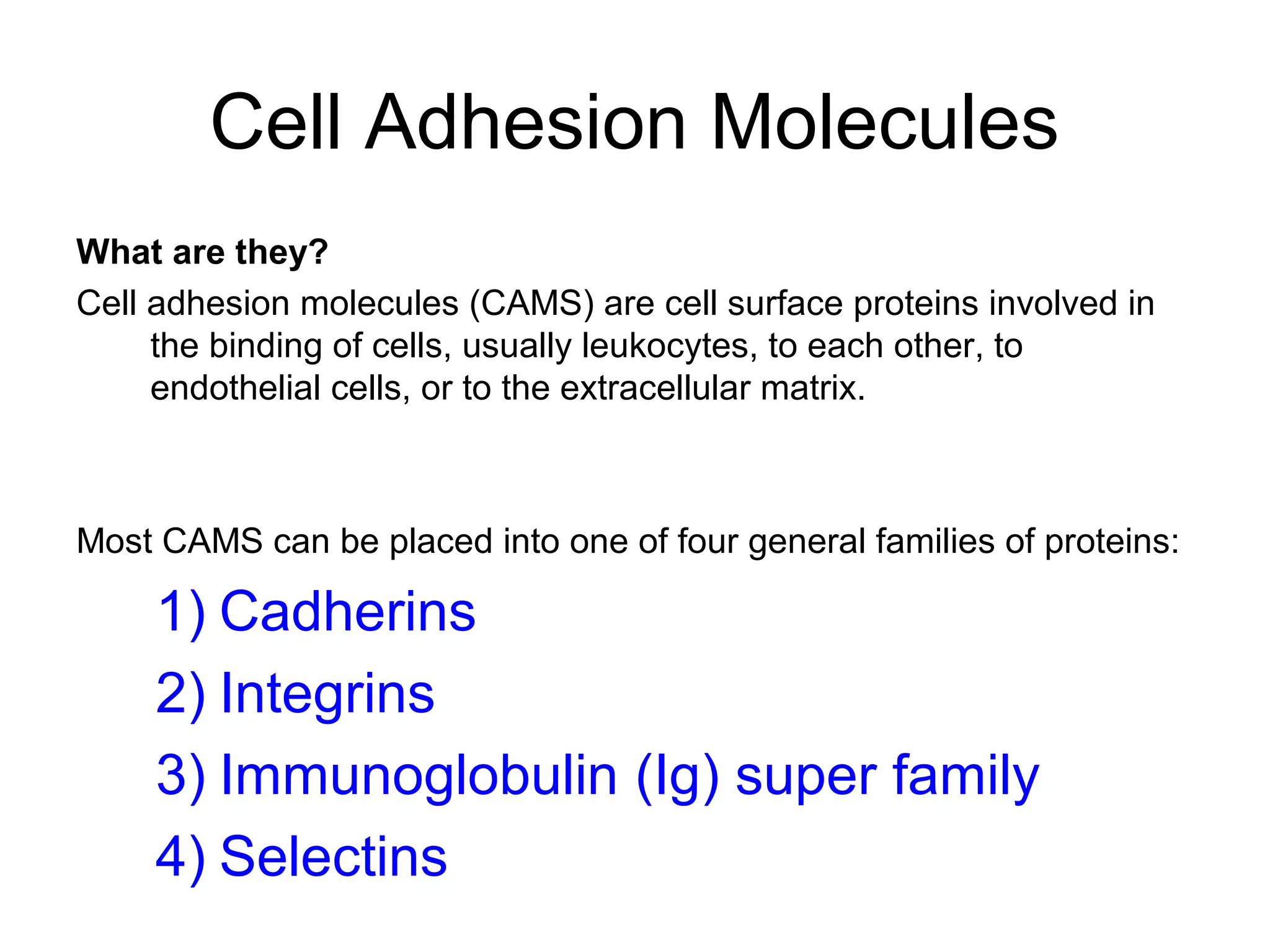 Cell Adhesion Molecules
What are they?
Cell adhesion molecules (CAMS) are cell surface proteins involved in
the binding of cells, usually leukocytes, to each other, to
endothelial cells, or to the extracellular matrix.

Most CAMS can be placed into one of four general families of proteins:

1) Cadherins
2) Integrins
3) Immunoglobulin (Ig) super family
4) Selectins

 