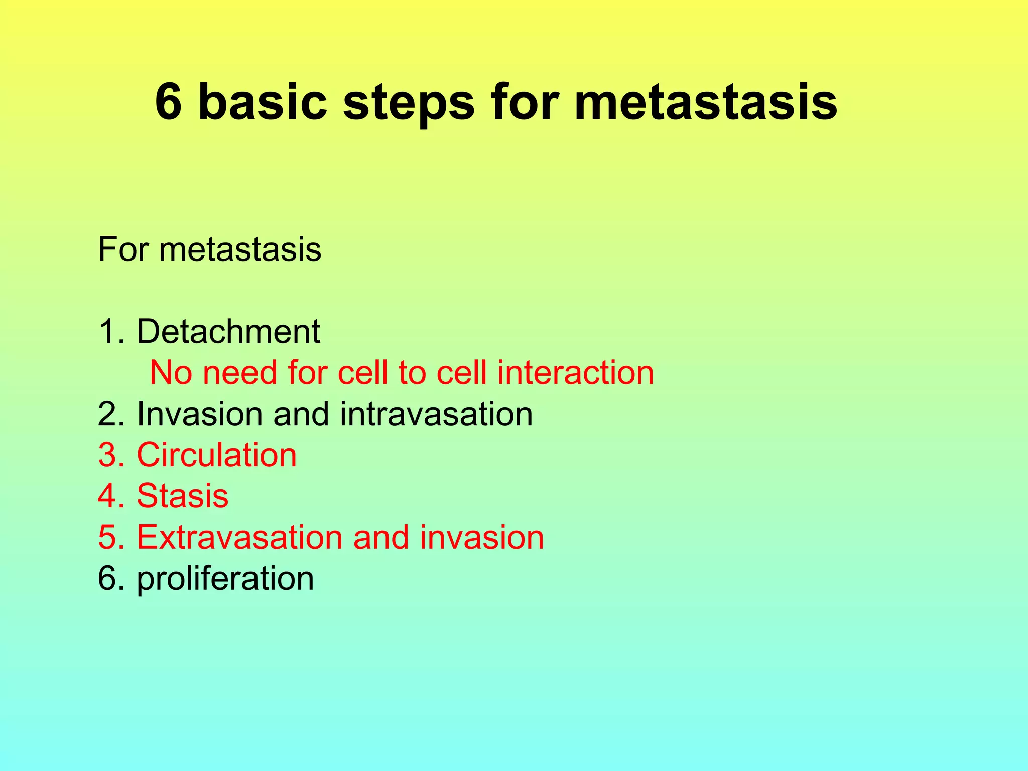 6 basic steps for metastasis
For metastasis
1. Detachment
No need for cell to cell interaction
2. Invasion and intravasation
3. Circulation
4. Stasis
5. Extravasation and invasion
6. proliferation

 