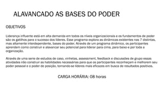 ALAVANCADO AS BASES DO PODER
OBJETIVOS
Liderança influente está em alta demanda em todos os níveis organizacionais e os fundamentos de poder
são os gatilhos para o sucesso dos líderes. Esse programa explora as dinâmicas existentes nas 7 distintas,
mas altamente interdependente, bases do poder. Através de um programa dinâmico, os participantes
aprendem como construir e alavancar seu potencial para liderar para cima, para baixo e por toda a
organização.
Através de uma serie de estudos de caso, vinhetas, assessment, feedback e discussões de grupo essas
atividades irão construir as habilidades necessárias para que os participantes reconheçam e melhorem seu
poder pessoal e o poder de posição, tornando-se líderes mais eficazes em busca de resultados positivos.
CARGA HORÁRIA: 08 horas
 