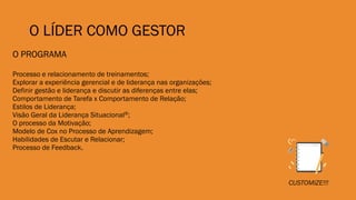 O LÍDER COMO GESTOR
O PROGRAMA
Processo e relacionamento de treinamentos;
Explorar a experiência gerencial e de liderança nas organizações;
Definir gestão e liderança e discutir as diferenças entre elas;
Comportamento de Tarefa x Comportamento de Relação;
Estilos de Liderança;
Visão Geral da Liderança Situacional®;
O processo da Motivação;
Modelo de Cox no Processo de Aprendizagem;
Habilidades de Escutar e Relacionar;
Processo de Feedback.
CUSTOMIZE!!!
 