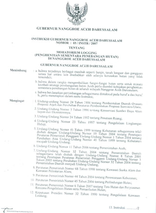 Ingub No.5 Tentang Moratorium Logging Hutan Aceh