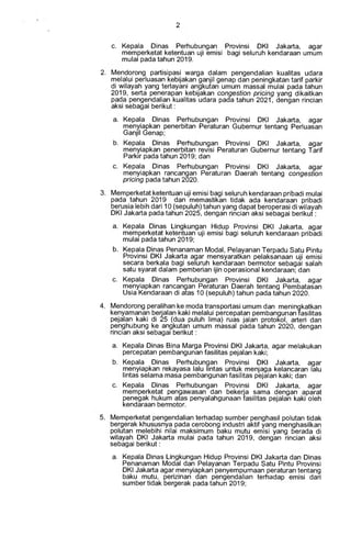 c. Kepala Dinas Perhubungan Provinsi DKI Jakarta, agar
memperketat ketentuan uji emisi bagi seluruh kendaraan umum
mulai pada tahun 2019.
2. Mendorong partisipasi warga dalam pengendalian kualitas udara
melalui perluasan kebijakan ganjil genap dan peningkatan tarif parkir
di wilayah yang terlayani angkutan umum massal mulai pada tahun
2019, serta penerapan kebijakan congestion pricing yang dikaitkan
pada pengendalian kualitas udara pada tahun 2021, dengan rincian
aksi sebagai berikut :
a. Kepala Dinas Perhubungan Provinsi DKI Jakarta, agar
menyiapkan penerbitan Peraturan Gubernur tentang Perluasan
Ganjil Genap;
b. Kepala Dinas Perhubungan Provinsi DKI Jakarta, agar
menyiapkan penerbitan revisi Peraturan Gubernur tentang Tarif
Parkir pada tahun 2019; dan
c. Kepala Dinas Perhubungan Provinsi DKI Jakarta, agar
menyiapkan rancangan Peraturan Daerah tentang congestion
pricing pada tahun 2020.
3. Memperketat ketentuan uji emisi bagi seluruh kendaraan pribadi mulai
pada tahun 2019 dan memastikan tidak ada kendaraan pribadi
berusia lebih dani 10 (sepuluh) tahun yang dapat beroperasi di wilayah
DKI Jakarta pada tahun 2025, dengan rincian aksi sebagai berikut :
a. Kepala Dinas Lingkungan Hidup Provinsi DKI Jakarta, agar
memperketat ketentuan uji emisi bagi seluruh kendaraan pribadi
mulai pada tahun 2019;
b. Kepala Dinas Penanaman Modal, Pelayanan Terpadu Satu Pintu
Provinsi DKI Jakarta agar mensyaratkan pelaksanaan uji emisi
secara berkala bagi seluruh kendaraan bermotor sebagai salah
satu syarat dalam pemberian ijin operasional kendaraan; dan
c. Kepala Dinas Perhubungan Provinsi DKI Jakarta, agar
menyiapkan rancangan Peraturan Daerah tentang Pembatasan
Usia Kendaraan di atas 10 (sepuluh) tahun pada tahun 2020.
4. Mendorong peralihan ke moda transportasi umum dan meningkatkan
kenyamanan berjalan kaki melalui percepatan pembangunan fasilitas
pejalan kaki di 25 (dua puluh lima) ruas jalan protokol, arteri dan
penghubung ke angkutan umum massal pada tahun 2020, dengan
rincian aksi sebagai berikut :
a. Kepala Dinas Bina Marga Provinsi DKI Jakarta, agar melakukan
percepatan pembangunan fasilitas pejalan kaki;
b. Kepala Dinas Perhubungan Provinsi DKI Jakarta, agar
menyiapkan rekayasa lalu lintas untuk menjaga kelancaran lalu
lintas selama masa pembangunan fasilitas pejalan kaki; dan
c. Kepala Dinas Perhubungan Provinsi DKI Jakarta, agar
memperketat pengawasan dan bekerja sama dengan aparat
penegak hukum atas penyalahgunaan fasilitas pejalan kaki oleh
kendaraan bermotor.
5. Memperketat pengendalian terhadap sumber penghasil polutan tidak
bergerak khususnya pada cerobong industri aktif yang menghasilkan
polutan melebihi nilai maksimum baku mutu emisi yang berada di
wilayah DKI Jakarta mulai pada tahun 2019, dengan rincian aksi
sebagai berikut :
a. Kepala Dinas Lingkungan Hidup Provinsi DKI Jakarta dan Dinas
Penanaman Modal dan Pelayanan Terpadu Satu Pintu Provinsi
DKI Jakarta agar menyiapkan penyempurnaan peraturan tentang
baku mutu, perizinan dan pengendalian terhadap emisi dani
sumber tidak bergerak pada tahun 2019;
 