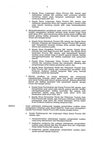 3
KEDUA
b. Kepala Dinas Lingkungan Hidup Provinsi DKI Jakarta agar
memastikan instalasi dan publikasi hashl continious emission
monitoring sistem pada bangunan pembangkit listrik dan
cerobong industri aktif; dan
c. Kepala Dinas Lingkungan Hidup Provinsi DKI Jakarta agar
melakukan pengukuran emisi dan inspeksi setiap 6 (enam) bulan
pada seluruh cerobong industri aktif, serta mempublikasikan
hasilnya.
6. Mengoptimalisasikan penghijauan pada sarana dan prasarana publik
dengan mengadakan tanaman berdaya serap polutan tinggi mulai
pada tahun 2019, serta mendorong adopsi prinsip green building oleh
seluruh gedung melalui penerapan insentif dan diinsentif, dengan
rincian aksi sebagai berikut :
a. Kepala Dinas Kehutanan Provinsi DKI Jakarta dan Kepala Dinas
Kelautan, Pertanian dan Ketahanan Pangan Provinsi DKI Jakarta,
agar mengadakan tanaman berdaya serap polutan tinggi pada
sarana dan prasarana publik;
b. Kepala Dinas Pendidikan Provinsi DKI Jakarta, Kepala Dinas
Pemuda dan Olah Raga Provinsi DKI Jakarta, dan Kepala Dinas
Kesehatan Provinsi DKI Jakarta, agar mengadakan tanaman
berdaya serap polutan tinggi di seluruh gedung sekolah, fasilitas
olahraga/kepemudaan dan fasilitas kesehatan milik pemerintah
daerah;
c. Kepala Dinas Lingkungan Hidup Provinsi DKI Jakarta agar
merintis dan menyusun konsep dan mekanisme offsetting atau
pengimbangan emisi melalui penanaman pohon; dan
d. Kepala Dinas Penanaman Modal dan Pelayanan Terpadu Satu
Pintu Provinsi DKI Jakarta agar mempercepat penerbitan revisi
Peraturan Gubernur tentang bangunan hijau yang memuat
ketentuan insentif dan disinsentif.
7. Merintis peralihan ke energi terbarukan dan mengurangi
ketergantungan terhadap bahan bakar fosil dengan menginstalasi
solar panel rooftop pada seluruh gedung sekolah, gedung pemerintah
daerah dan fasilitas kesehatan milik pemerintah daerah, dengan
rincian aksi sebagai berikut :
a. Kepala Dinas Perindustrian dan Energi Provinsi DKI Jakarta, agar
menginstalasi solar panel pada seluruh gedung sekolah, fasilitas
olahraga/kepemudaan, fasilitas kesehatan dan gedung milik
pemerintah daerah yang dimulai pada tahun 2019 dan
diselesaikan pada tahun 2022; dan
b. Kepala Dinas Penanaman Modal dan Pelayanan Terpadu Satu
Pintu Provinsi DKI Jakarta, agar menyusun ketentuan insentif atas
pemasangan solar panel dan energi terbarukan lainnya dalam
revisi Peraturan Gubernur tentang bangunan hijau.
Untuk optimalisasi pelaksanaan kegiatan pengendalian kualitas udara
sebagaimana dimaksud pada diktum KESATU, maka perlu menugaskan
kepada Para Asisten Sekda Provinsi DKI Jakarta sebagai berikut :
a. Asisten Pembangunan dan Lingkungan Hidup Sekda Provinsi DKI
Jakarta, agar:
1. mengoordinasikan pelaksanaan kegiatan pengendalian kualitas
udara yang dilaksanakan oleh Perangkat Daerah;
2. melakukan monitoring dan evaluasi pelaksanaan pengendalian
kualitas udara dibantu oleh Biro Penataan Kota dan Lingkungan
Hidup Setda Provinsi DKI Jakarta; dan
3. melaporkan capaian pelaksanaan pengendalian kualitas udara
secara periodik kepada Gubernur.
 