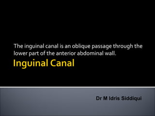 The inguinal canal is an oblique passage through the
lower part of the anterior abdominal wall.
Dr M Idris Siddiqui
 