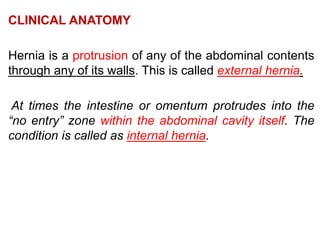 CLINICAL ANATOMY
Hernia is a protrusion of any of the abdominal contents
through any of its walls. This is called external hernia.
At times the intestine or omentum protrudes into the
“no entry” zone within the abdominal cavity itself. The
condition is called as internal hernia.
 