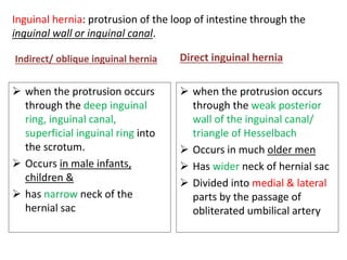 Inguinal hernia: protrusion of the loop of intestine through the
inguinal wall or inguinal canal.
Indirect/ oblique inguinal hernia
 when the protrusion occurs
through the deep inguinal
ring, inguinal canal,
superficial inguinal ring into
the scrotum.
 Occurs in male infants,
children &
 has narrow neck of the
hernial sac
Direct inguinal hernia
 when the protrusion occurs
through the weak posterior
wall of the inguinal canal/
triangle of Hesselbach
 Occurs in much older men
 Has wider neck of hernial sac
 Divided into medial & lateral
parts by the passage of
obliterated umbilical artery
 