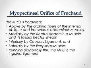 Myopectineal Orifice of Fruchaud
The MPO is bordered:
• Above by the arching fibers of the internal
oblique and transversus abdominus Muscles,
• Medially by the Rectus Abdominus Muscle
and its fascial Rectus Sheath
• Inferiorly by Coopers Ligament, and
• Laterally by the Ileopsoas Muscle
• Running diagonally thru the MPO is the
inguinal ligament

 