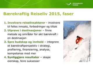 Bærekraftig Reiseliv 2015, faser

1. Involvere reiselivsaktører - involvere
   til felles innsats, forbedringer og tiltak
2. Utprøve i destinasjoner – finne
   metode og områder for økt bærekraft i
   en destinasjon




                                                Foto: Nils-Erik Bjørholt/Innovasjon Norge
3. Spre budskap og innhold – integrere
   et bærekraftperspektiv i strategi,
   profilering, finansiering, analyse,
   kompetanse med mer
4. Synliggjøre resultater – skape
   eierskap, feire suksesser
 