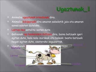 Animalia  ugaztunak ornodunak  dira. Animalia  bibiparoak  dira amaren sabeletik jaio eta amaren esnea edaten dutelako. Larrua ilez  estalita izaten dute. Gehienak  lau hankarekin ibiltzen  dira, baina batzuek igeri egiten dute, hala nola izurdeak eta baleak: beste batzuek hegan egiten dute, esaterako saguzarrak. Ugaztunek  biriken  bidez hartzen dute arnasa. Errapeak Hankak Larrua Adarrak Buztana 