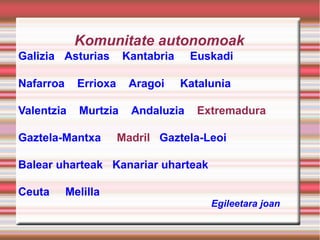 Komunitate autonomoak
Galizia Asturias

Kantabria

Euskadi

Nafarroa

Errioxa

Aragoi

Valentzia

Murtzia

Andaluzia

Gaztela-Mantxa

Katalunia
Extremadura

Madril Gaztela-Leoi

Balear uharteak Kanariar uharteak
Ceuta

Melilla
Egileetara joan

 