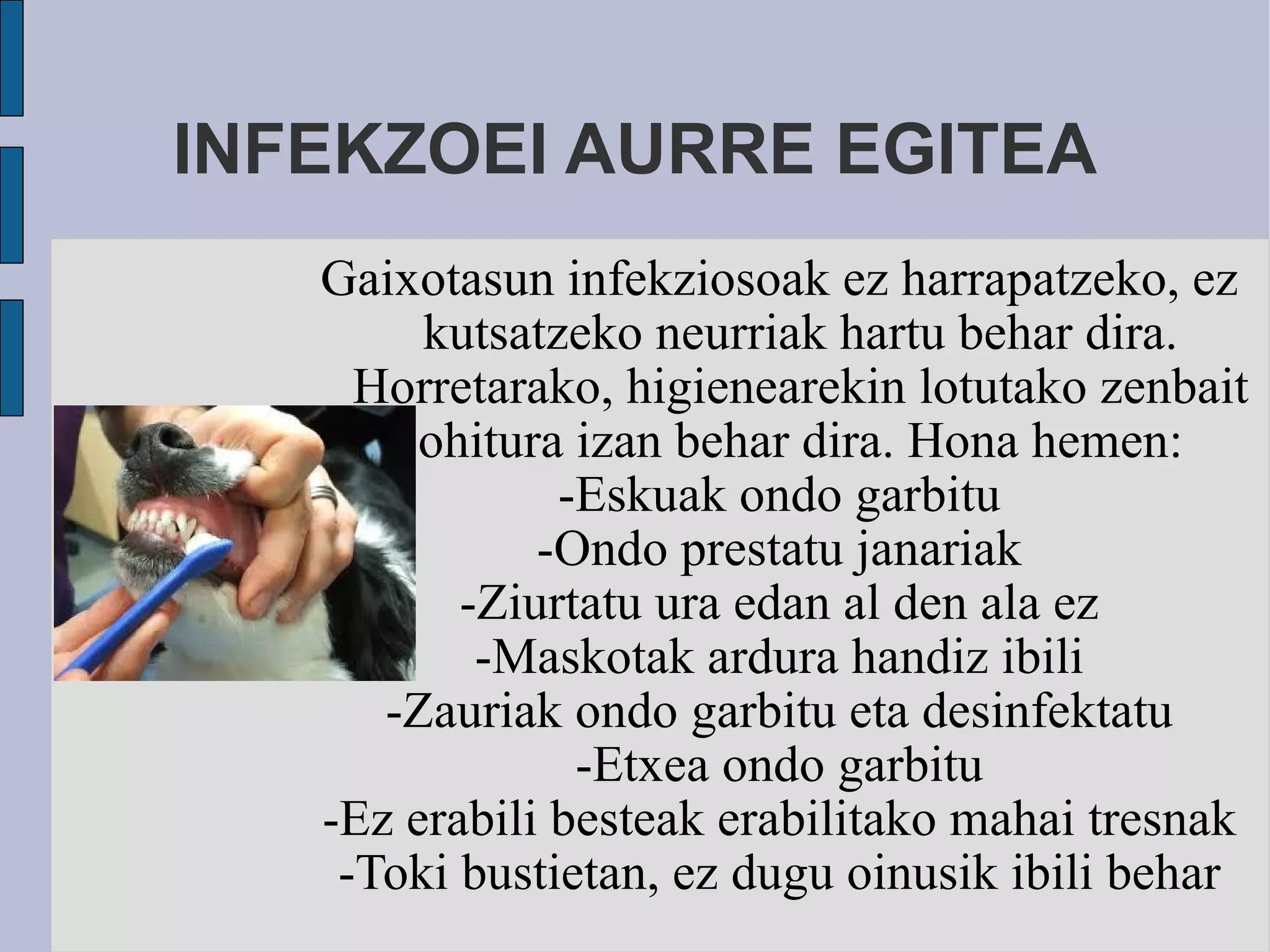 INFEKZOEI AURRE EGITEA Gaixotasun infekziosoak ez harrapatzeko, ez kutsatzeko neurriak hartu behar dira. Horretarako, higienearekin lotutako zenbait ohitura izan behar dira. Hona hemen: -Eskuak ondo garbitu -Ondo prestatu janariak -Ziurtatu ura edan al den ala ez -Maskotak ardura handiz ibili -Zauriak ondo garbitu eta desinfektatu -Etxea ondo garbitu -Ez erabili besteak erabilitako mahai tresnak -Toki bustietan, ez dugu oinusik ibili behar 