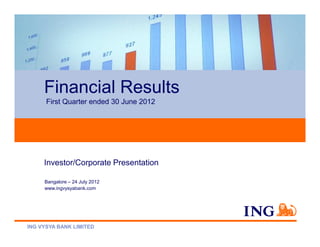 Financial Results
First Quarter ended 30 June 2012
ING VYSYA BANK LIMITED
Investor/Corporate Presentation
Bangalore – 24 July 2012
www.ingvysyabank.com
 