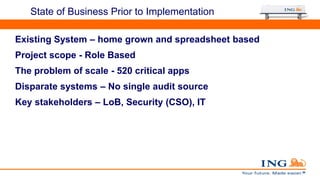 State of Business Prior to Implementation
Oracle Access
Manager
Existing System – home grown and spreadsheet based
Project scope - Role Based
The problem of scale - 520 critical apps
Disparate systems – No single audit source
Key stakeholders – LoB, Security (CSO), IT
 