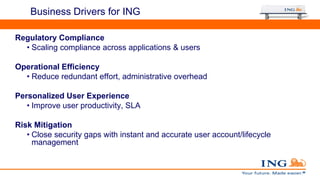 Business Drivers for ING
Oracle Access
Manager
Regulatory Compliance
• Scaling compliance across applications & users
Operational Efficiency
• Reduce redundant effort, administrative overhead
Personalized User Experience
• Improve user productivity, SLA
Risk Mitigation
• Close security gaps with instant and accurate user account/lifecycle
management
 